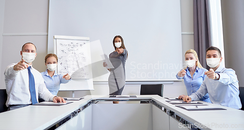 Image of business people in masks pointing finger at you