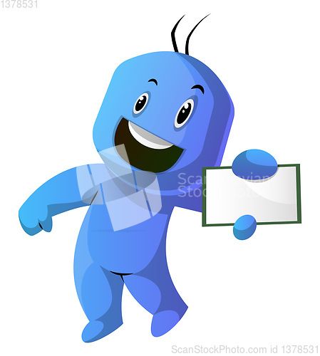 Image of Dancing blue cartoon caracter with a notepad illustration vector