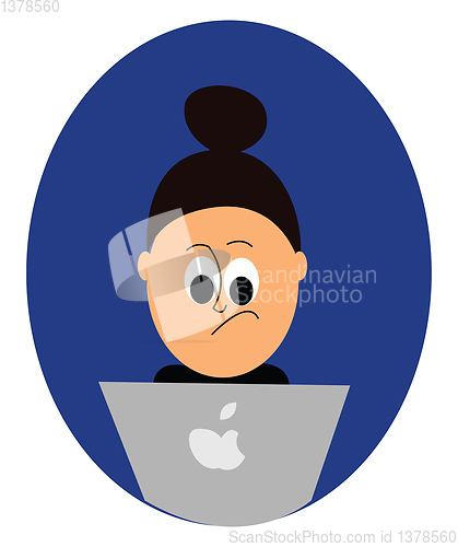 Image of Portrait of a girl at work before laptop in the night over blue 