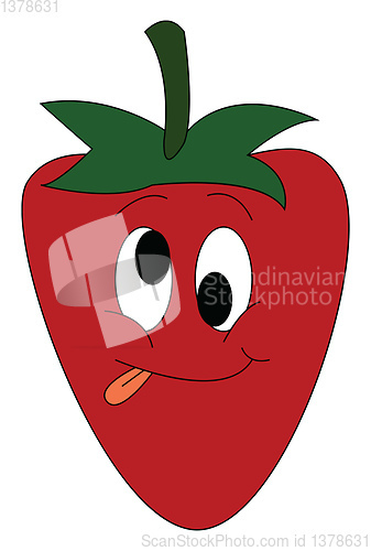 Image of Cartoon of a silly face strawberry with green leaves and tongue 