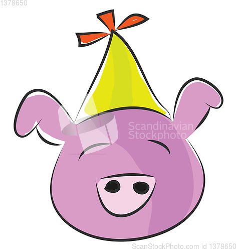 Image of Pink pig with yellow party hat vector illustration on white back