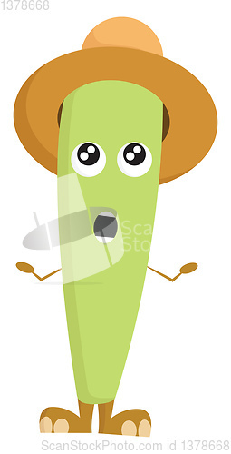 Image of Cartoon funny surprised green monster in a brown summer hat, vec