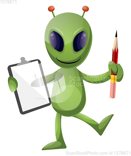 Image of Alien with pencil and notebook, illustration, vector on white ba