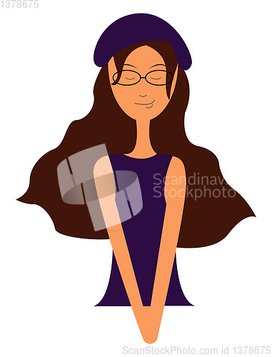 Image of Portraite of a girl in purple dress long brown hair and eyeglass