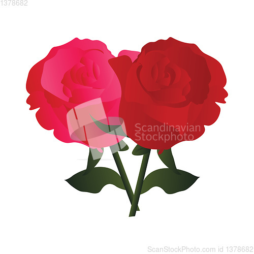 Image of Vector illustration of pink and red  roses with green leafs on w
