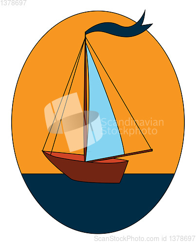 Image of Sailnig boat with blue flag on blue water vector illustration in