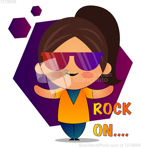 Image of Girl with brown ponytail and colorful sunglasses says rock on, i