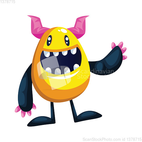 Image of Illustration of smiling yellow monster waving white background v