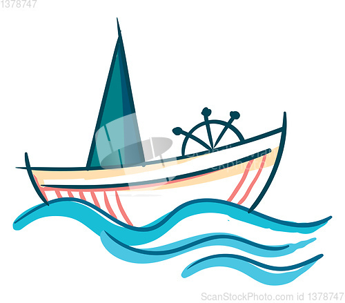 Image of A sailing boat with ship wheel vector or color illustration