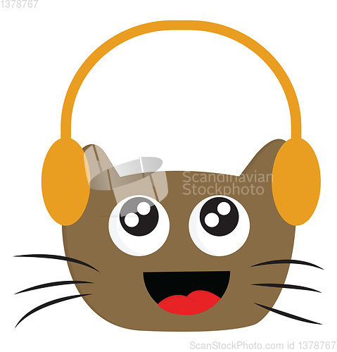 Image of Smiling brown cat with headphones vector illustration on white b