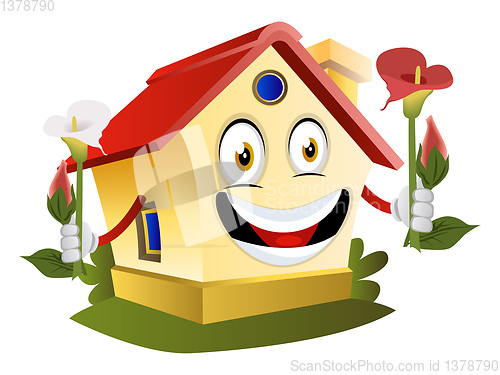 Image of House is holding flowers, illustration, vector on white backgrou