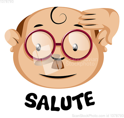 Image of Funny human emoji with a salute symbol and letters, illustration
