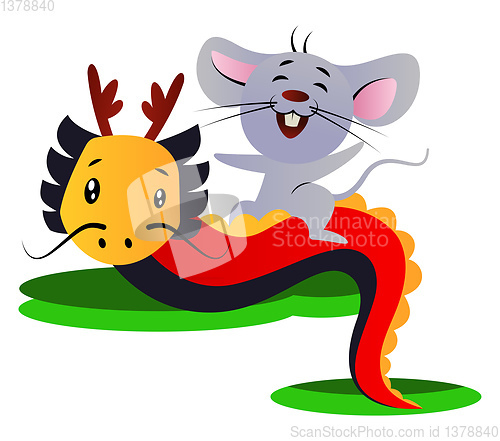 Image of Cartoon chinese mouse and dragon vector illustartion on white ba