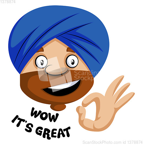 Image of Muslim human emoji with wow it\'s great letters and symbol, illus