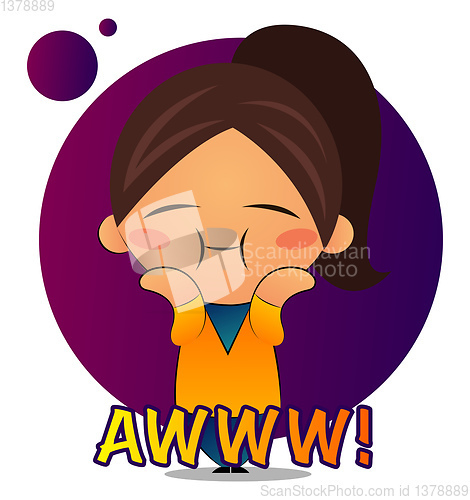 Image of Cute girl with brown ponytail saying awww, illustration, vector 