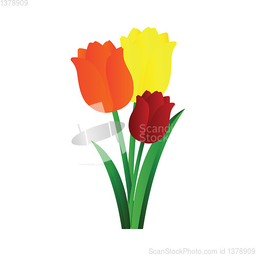 Image of Vector illustration of orange yellow and red tulips with green l