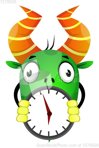 Image of The monster with horn holding a wall clock, illustration, vector