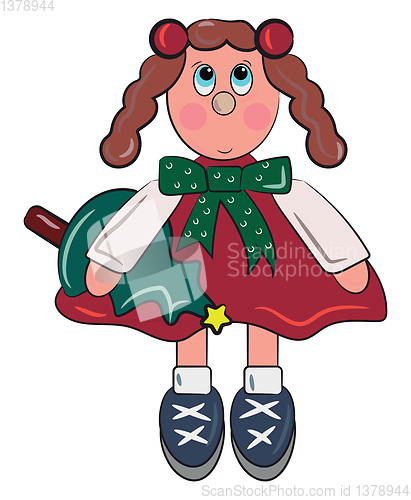 Image of Doll with Christmas tree vector or color illustration