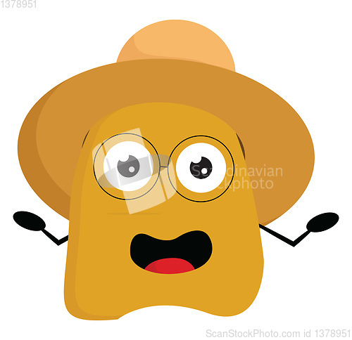 Image of A yellow monster wearing a brown summer hat, vector or color ill