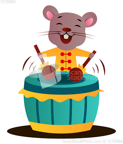 Image of Cartoon chinese mouse playing drums vector illustration on white