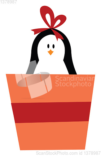 Image of Cute baby girl penguin carrying a gift box vector or color illus