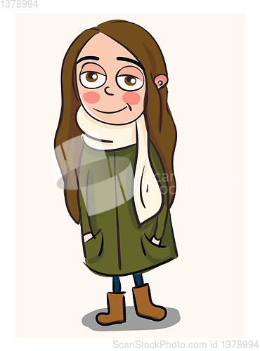 Image of Cute smiling girl with long brown hair in a long green coat and 