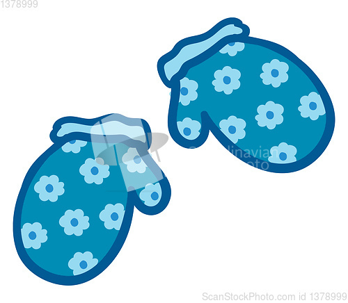 Image of Blue mittens printed with small flowers looks beautiful vector o