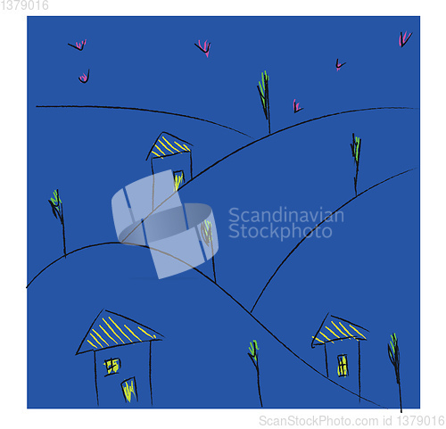 Image of Line art of a village in the night over blue background vector o