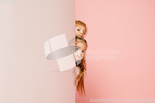 Image of Happy kids, girls isolated on coral pink studio background. Look happy, cheerful, sincere. Copyspace. Childhood, education, emotions concept