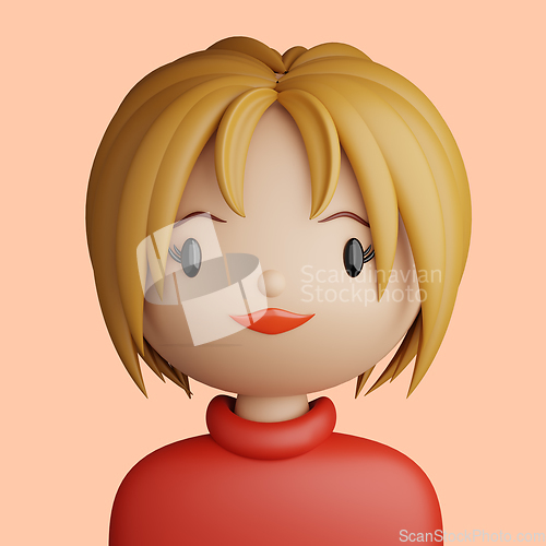 Image of 3D cartoon avatar of smiling young blonde woman.