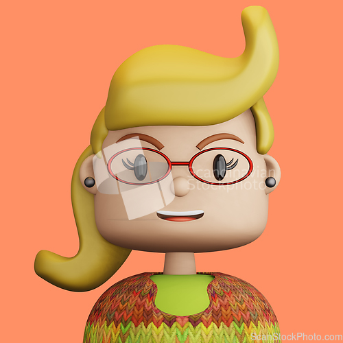 Image of 3D cartoon avatar of smiling young blonde woman.