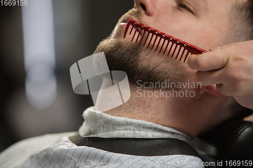 Image of Close up of client of master barber, stylist during getting care