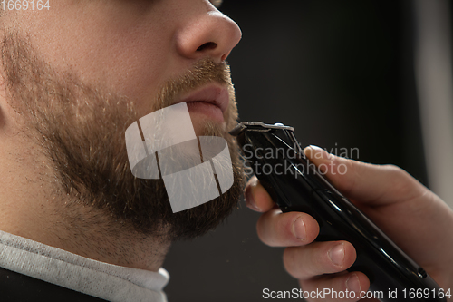 Image of Close up of client of master barber, stylist during getting care