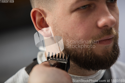 Image of Close up of client of master barber, stylist during getting care of mustache and beard. Professional occupation, male beauty concept