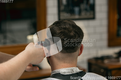 Image of Close up of client of master barber, stylist during getting care