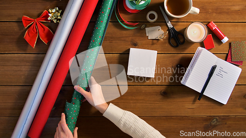 Image of hands setting stuff for christmas gifts wrapping
