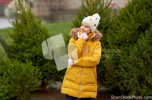 Image of little girl choosing christmas tree at market