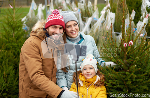 Image of family taking selfie with christmas tree at market