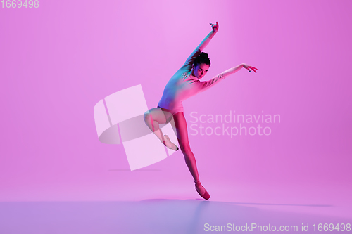 Image of Young and graceful ballet dancer isolated on pink studio background in neon light. Art, motion, action, flexibility, inspiration concept.