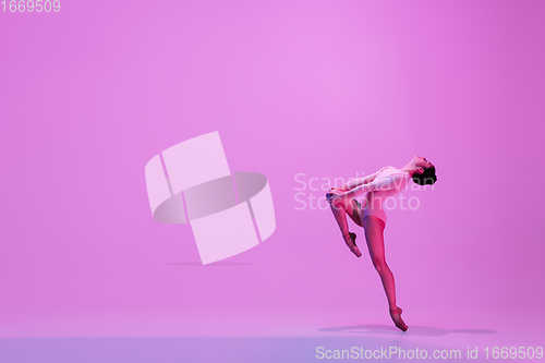 Image of Young and graceful ballet dancer isolated on pink studio background in neon light. Art, motion, action, flexibility, inspiration concept.