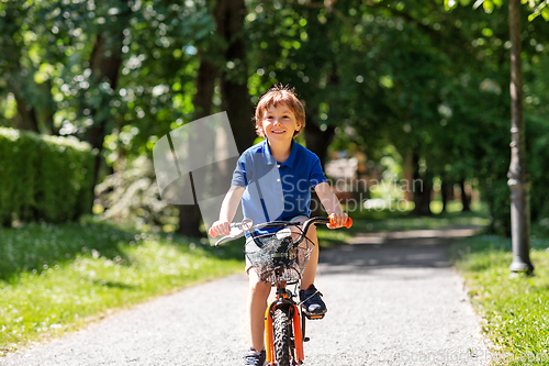 Image of happy little boy riding bicycle at summer park