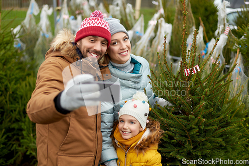 Image of family taking selfie with christmas tree at market