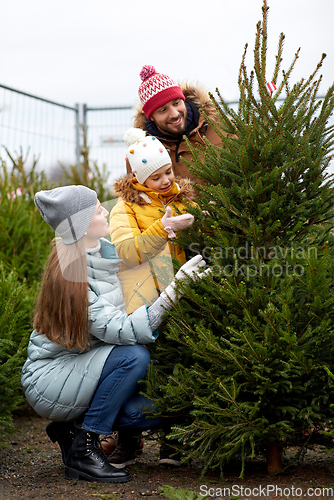 Image of happy family choosing christmas tree at market