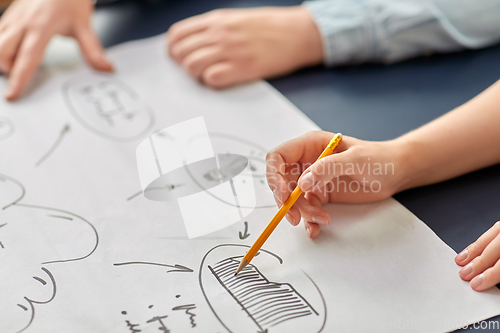 Image of close up of hands with scheme and pencil at office