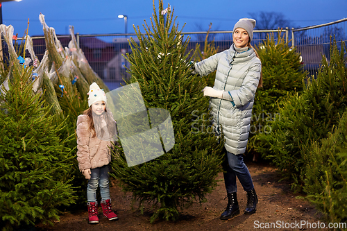 Image of happy family choosing christmas tree at market