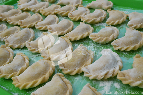 Image of Uncooked dumplings on a green kitchen tray with flour