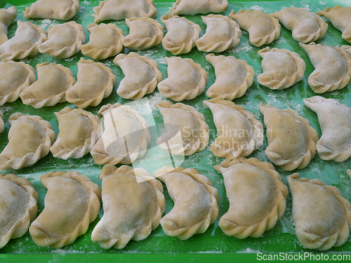 Image of Semi-finished dumplings on a green kitchen tray with flour