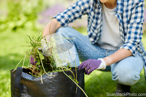 Image of woman with bag full of weed at summer garden