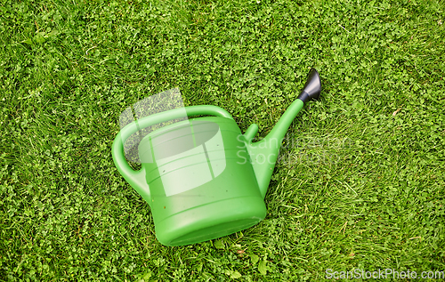 Image of green watering can on grass at summer garden