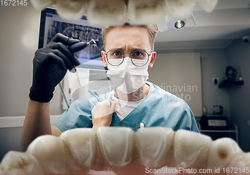 Image of Doctor looking into the mouth, checking, examining teeth